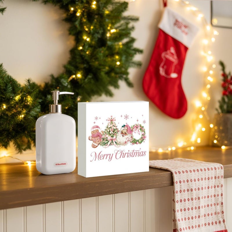 FXEFXE Pink Christmas Decor, Christmas Decorations Indoor, Coquette Bow Xmas Tree Santa Claus Gingerbread Sign Gift for Women Friends, Rustic Wooden Box Sign for Home Office Bedroom Desk Decor 5x5 Inches - Image 4